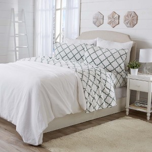 Printed Velvet Plush Fleece Sheet Set - Great Bay Home (King, Lattice - White / Jade) - 1 of 4