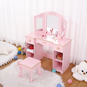 Girls Vanity Table and Chair Set, Kids Makeup Dressing Table with Wood Makeup Playset Toy, Kids Vanity Set with Mirror & Drawer for Age 4-9, Pink - 1 of 4