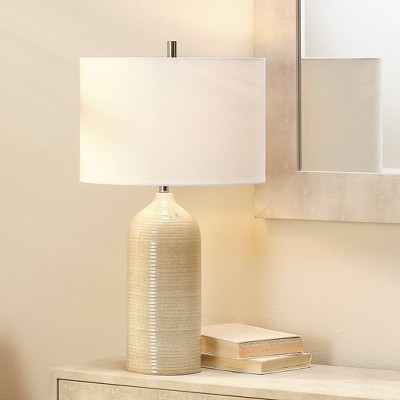 Taupe Ceramic Table Lamp with Silver Accents and Linen Shade