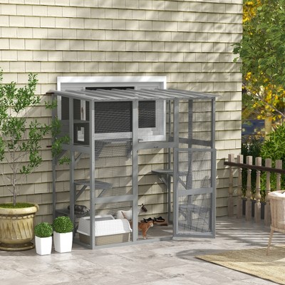 Gray Wooden Outdoor Cat House with Platforms and Bridge