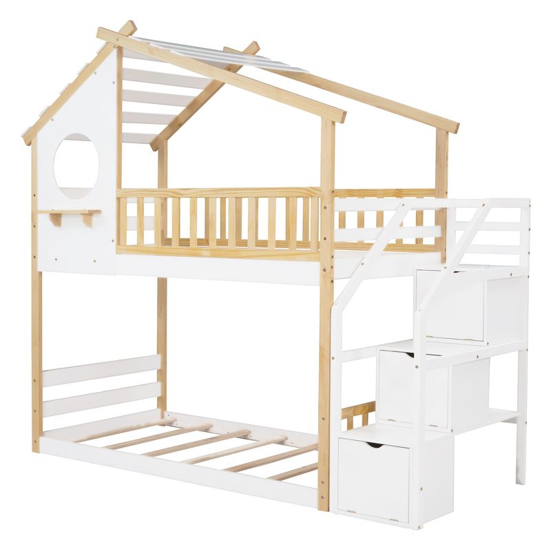 House Shape Twin-Over-Twin Double Bunk Bed with Storage Stairs - ModernLuxe, 5 of 11