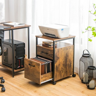 Rustic Brown 2-Drawer Mobile File Cabinet with Open Shelf