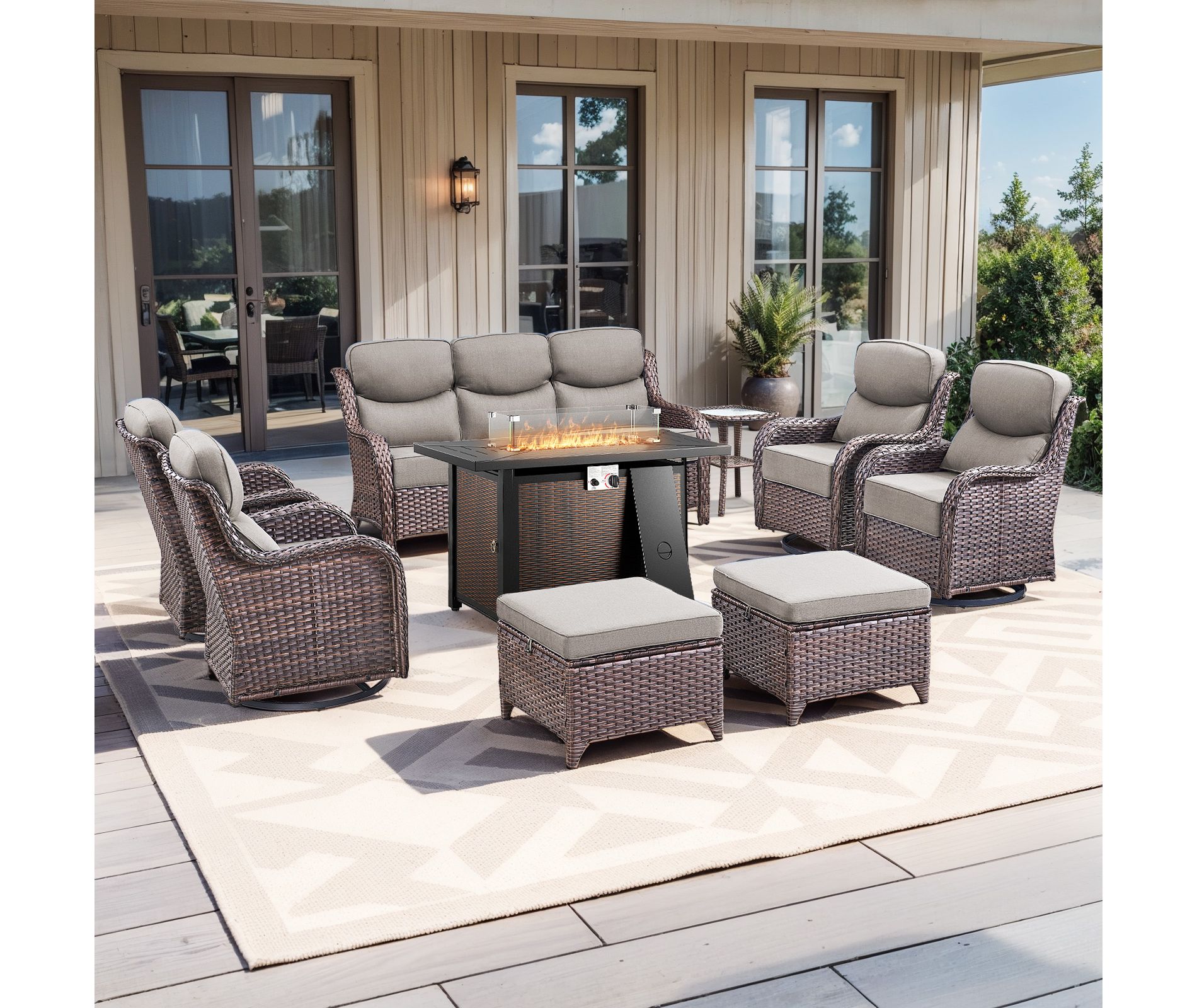 Gymojoy 8 Pieces/9 Pieces Outdoor Fire Pit Table w/ Patio 6in Sofa Swivel Chairs Table Ottoman Set