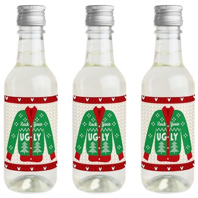Big Dot of Happiness Ugly Sweater - Mini Wine & Champagne Bottle Label Stickers - Holiday and Christmas Party Favor Gift for Women and Men - Set of 16