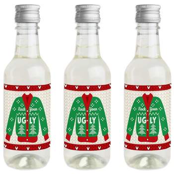 Big Dot of Happiness Ugly Sweater - Mini Wine & Champagne Bottle Label Stickers - Holiday and Christmas Party Favor Gift for Women and Men - Set of 16