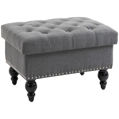 HOMCOM 25" Storage Ottoman with Removable Lid, Button-Tufted Fabric Bench for Footrest and Seat with Wood Legs, Grey