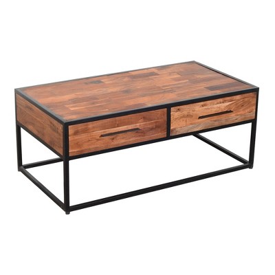 2 Drawer Industrial Metal Coffee Table with Wooden Tile Top Brown/Black - The Urban Port