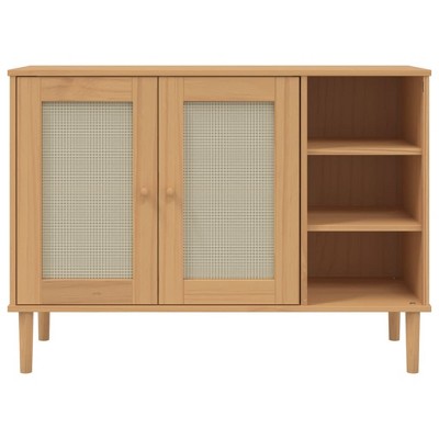 CLIHOME Rattan Look Sideboard, Solid Pine, Bedside Table With Storage, Bedside Table Sideboard for Bedrooms