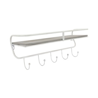 Sagebrook Home 5-Hook Wall Shelf - Contemporary Metal and Wood White and Gray 20" Shelf For Entryway or Home Decor