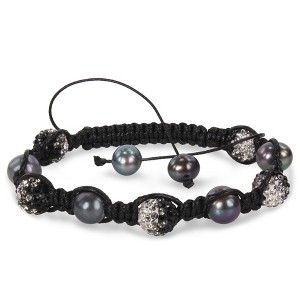 EVERLY JEWELRY | Black Silk Cord Shambhala Bracelet with 9 -10mm Black Cultured Freshwater Pearl and Black and White Cubic Zirconia Beads, 8-inch - 1 of 1