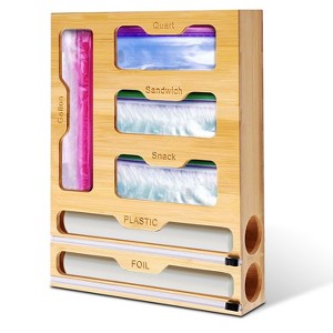 NewHome"6-in-1 Bamboo Plastic Wrap, Foil & Ziplock Bag Organizer with Cutter for Kitchen Drawer Storage"Yellow - 1 of 4