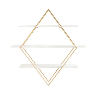 White and Gold Diamond Floating Wall Shelf with Wooden Accents