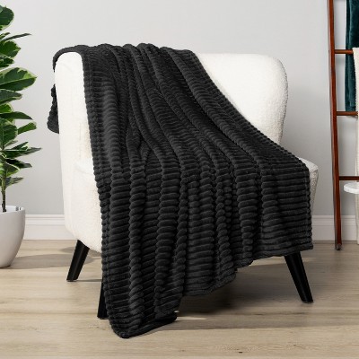 Black Ribbed Fleece Flannel Throw Blanket, 50x60 Inches