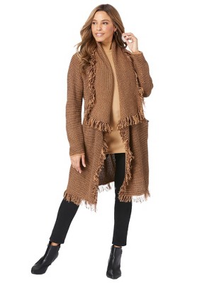 Jessica London Women's Plus Size Shawl-Collar Fringe Jacket
