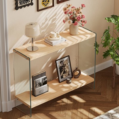 ARTLOGE 31.5in/40in/48in Coffee Table Rectangular Tempered Glass Wood-tone MDF Table W/ Shelf Living Room