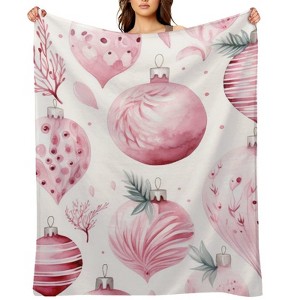 FIONECA Watercolor Christmas Blanket with Pink Ornament and Pine Branch Pattern White Background 60x80 inches - 1 of 1