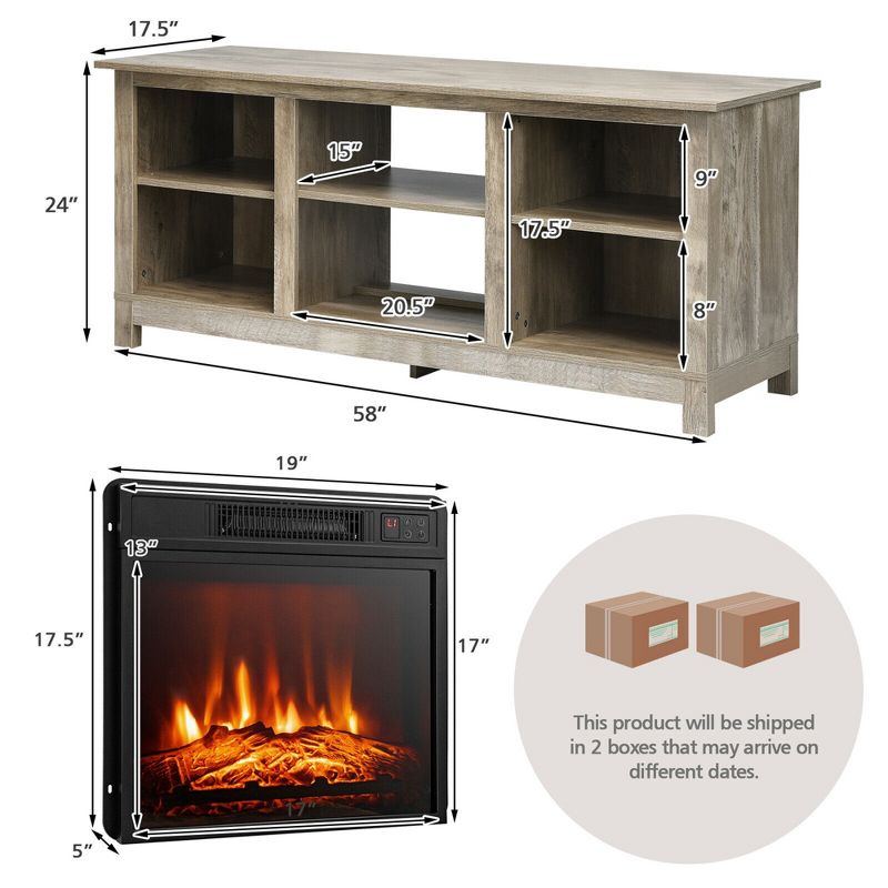 Costway  58'' 2-Tier Fireplace TV Stand W/18'' 1400W Electric Fireplace 65'', 2 of 11