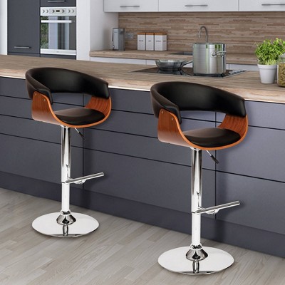Contemporary Black Leather Adjustable Swivel Barstool with Walnut Accents