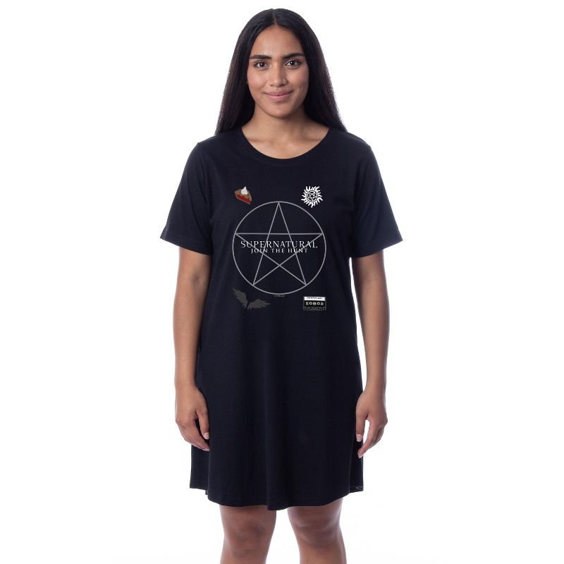 Supernatural Womens' Join The Hunt Pentagram Nightgown Sleep Pajama Shirt Black, 1 of 4
