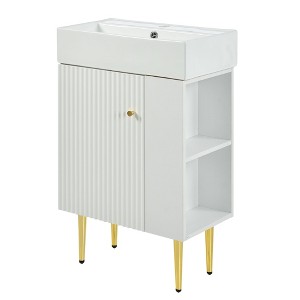 Vynxaria 21.6" White Bathroom Storage Cabinet with Ceramic Sink and Right Side Storage - 1 of 4