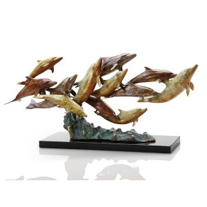 SPI Home Dozen Swimming Dolphins Brass Sculpture – Flowing Marine Art Accent, 20" Wide Ocean Display - 1 of 3