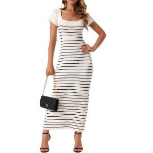 INSPIRE CHIC Women's Square Neck Short Sleeve Ribbed Knit Stripe Sweater Maxi Dress - 1 of 4
