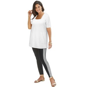 Jessica London Women's Plus Size Stretch Cotton Studded Square Neck Tunic - 1 of 2