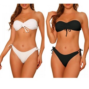 Elerevyo Women's Strapless Drawstring Bandeau Solid Lace Up Swimwear Bathing Suits 2 Sets - 1 of 4