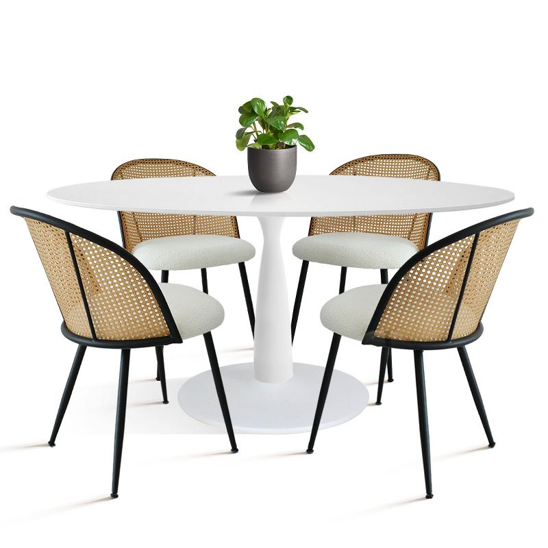 Modern Oval Dining Table Set For 4,Artificial Top Oval Dining Table with 59" and 4 White Bouclé Fabric Mesh Rattan Backrest Chair-Maison Boucle, 3 of 8