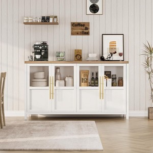 55" Modern Farmhouse Sideboard Buffet Cabinet with 4 Glass Doors snd Storage,for Kitchen Dining Room, Living Room (Glass with 4 Door, White) - 1 of 4
