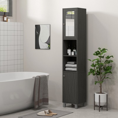 Gray Particleboard Tall Freestanding Bathroom Storage Cabinet with Mirror