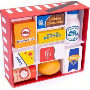 Wooden Play Food Baking Groceries Includes Baking Soda, Chocolate, Milk, Sugar, Vanilla, Flour, Sprinkles, Butter Egg - 1 of 4
