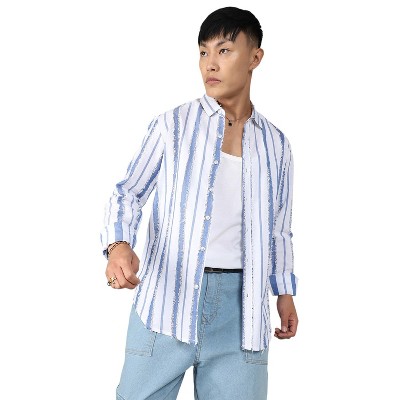 Campus Sutra Men Men's Sky Blue & Chalk White Striped Fringe Shirt