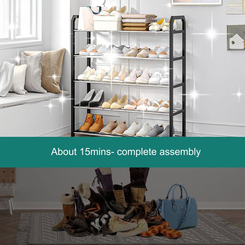 SKONYON 5 Tier Shoe Rack Holds 15 Pairs Black Frame with Silver Coating, 4 of 8