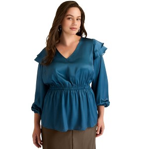 June + Vie by Roaman's Women's Plus Size Satin Peplum Top - 1 of 4