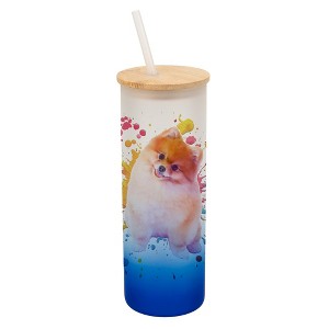 100 North 25 Ounce Frosted Glass Gradient Travel Tumbler With Straw & Wooden Lid, Pomeranian Dog Paint Splatter Navy Blue - 1 of 4