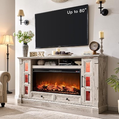 SinCiDo 80" TV Fireplace Stand, 36" Farmhouse Entertainment Center w/42" Electric Fireplace, Glass Door Cabinets & Drawers