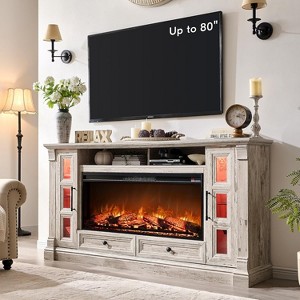 SinCiDo 80" TV Fireplace Stand, 36" Farmhouse Entertainment Center w/42" Electric Fireplace, Glass Door Cabinets & Drawers - 1 of 4