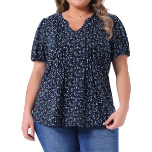 Agnes Orinda Women's Plus Size Pleated Front V Neck Short Sleeve Retro Floral Blouses - 1 of 4
