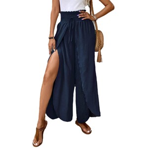 Womens Wide Leg Pants Summer Wrap Pants Flowy High Split Palazzo Beach Pants with Shirred Waist Loose Fit Lounge Pants High Waisted Trousers - 1 of 4