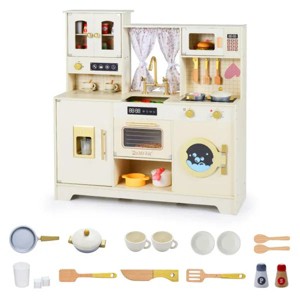 Beige Wooden Kids Play Kitchen with Rotatable Faucet & 14 Accessories ...