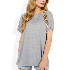 Anna-Kaci Women's Short Sleeve Casual T-Shirt with Leopard Print Accents and Raglan Sleeve - 1 of 4