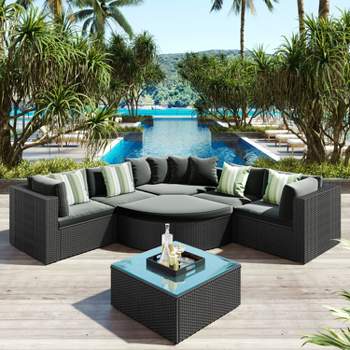 High-Quality 7-piece All-weather Wicker Patio Conversation Sets with 2 Colorful Pillows- Maison Boucle