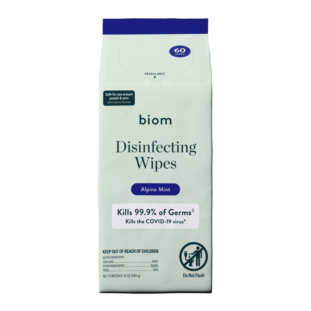 Biom Plastic Free Plant Based Disinfecting Wipes - Alpine Mint - 60ct