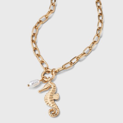Seahorse Pearl Chain Charm Pendant Necklace - A New Day™ Metallic Gold