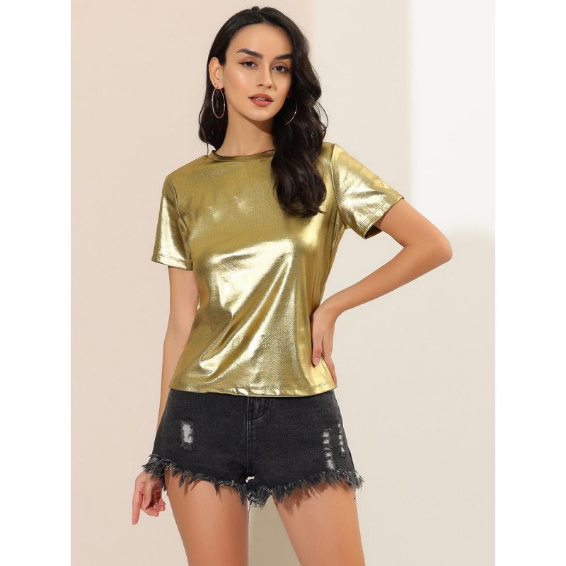 Allegra K Women's Party Metallic Textured Short Sleeve Shiny T-shirts, 3 of 8
