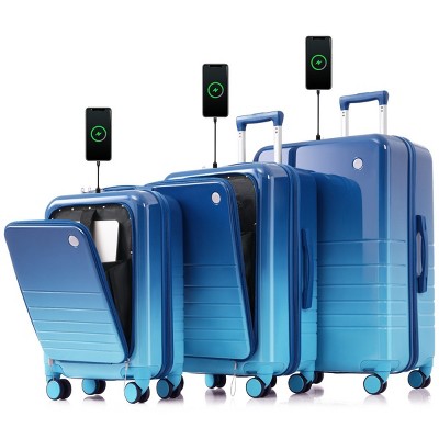 3-Piece Hardshell Luggage Set (20"/24"/28"),Lightweight Suitcase with USB Port,20" 24" Front Opening Carry-On Suitcase with Cup Holder–Cuddlewood