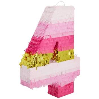 Blue Panda Small Number 4 Pinata for Kids 4th Birthday Party Decorations & Supplies, Pink and Gold 16.5 x 11 in