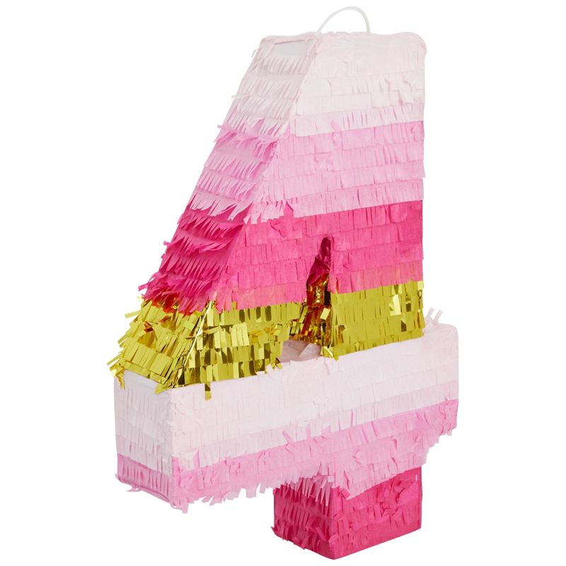Blue Panda Small Number 4 Pinata for Kids 4th Birthday Party Decorations & Supplies, Pink and Gold 16.5 x 11 in, 1 of 8