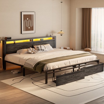 Aheaplus Platform Bed with Hidden Drawers, Storage Headboard, LED Light, and Charge Station
